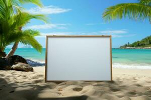 ontspanning door de zee whiteboard Aan een zanderig strand met palm boom backdrop ai gegenereerd foto