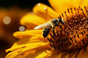 zonovergoten bijen vergaren stuifmeel, belichamen aard vennootschap in zonnebloem nectar verzameling ai gegenereerd foto
