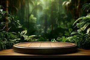 biologisch schoonheid concept 3d eik hout tafel met tropisch bladeren backdrop ai gegenereerd foto