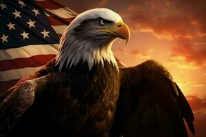 Amerikaans adelaar en vlag tegen zonsondergang backdrop een patriottisch tableau van Verenigde staten ai gegenereerd foto