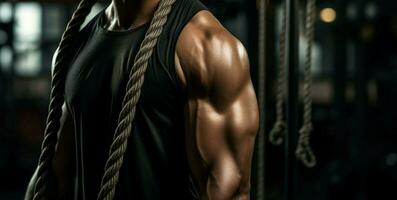 atleet beeldhouwen triceps met gefocust touw training in de Sportschool ai gegenereerd foto