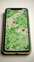 mockup van GPS navigator met groen pin Aan wit kaart backdrop verticaal mobiel behang ai gegenereerd foto