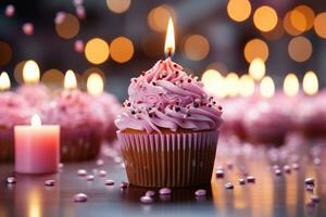 verjaardag koekje gloeiend, levendig kaarsen, roze lint geschenk feestelijk en hartverwarmend ai gegenereerd foto