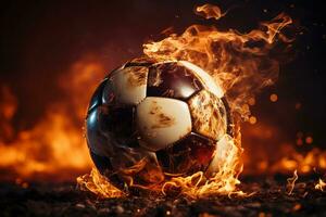 vlammend schouwspel, voetbal bal gloeiend Aan veld, stadion straalt uit met vurig intensiteit ai gegenereerd foto