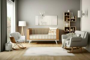 strak Scandinavisch kinderen slaapkamer met een minimalistische ontwerp met een elegant wieg ai gegenereerd foto