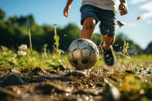 jeugdig energie, laag visie van jongens voeten net zo ze trap voetbal bal ai gegenereerd foto