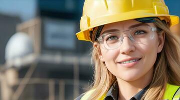 ai generatief, , jong vrouw plaats ingenieur met een veiligheid hesje en harde hoed foto