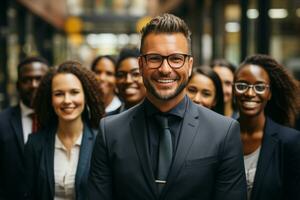 ai generatief groep van gelukkig bedrijf Mens en bedrijf Dames, gekleed in pakken zijn lachend, in de kantoor foto