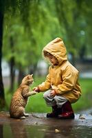 een kind in een regenjas spelen met een kat Aan een regenachtig dag ai gegenereerd foto