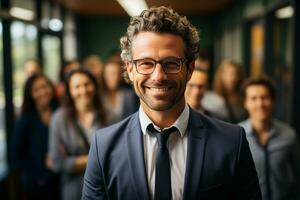 ai generatief groep van gelukkig bedrijf Mens en bedrijf Dames, gekleed in pakken zijn lachend, in de kantoor foto