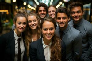 ai generatief groep van gelukkig bedrijf Mens en bedrijf Dames, gekleed in pakken zijn lachend, in de kantoor foto