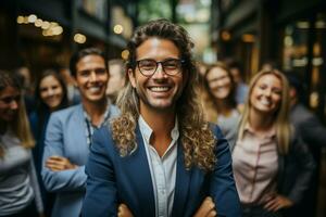 ai generatief groep van gelukkig bedrijf Mens en bedrijf Dames, gekleed in pakken zijn lachend, in de kantoor foto