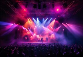 ai generatief concert stadium landschap met schijnwerpers gekleurde lichten rook foto