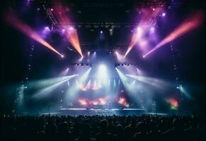 ai generatief concert stadium landschap met schijnwerpers gekleurde lichten rook foto