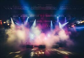 ai generatief concert stadium landschap met schijnwerpers gekleurde lichten rook foto