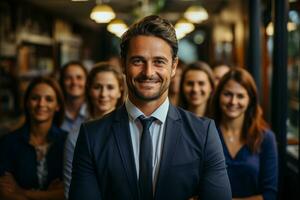 ai generatief groep van gelukkig bedrijf Mens en bedrijf Dames, gekleed in pakken zijn lachend, in de kantoor foto