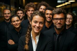 ai generatief groep van gelukkig bedrijf Mens en bedrijf Dames, gekleed in pakken zijn lachend, in de kantoor foto