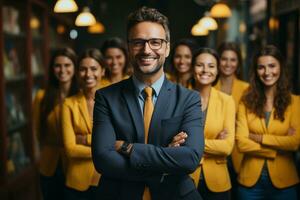 ai generatief groep van gelukkig bedrijf Mens en bedrijf Dames, gekleed in pakken zijn lachend, in de kantoor foto