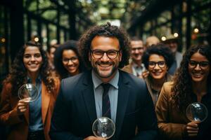 ai generatief groep van gelukkig bedrijf Mens en bedrijf Dames, gekleed in pakken zijn lachend, in de kantoor foto