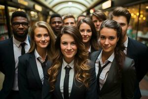 ai generatief groep van gelukkig bedrijf Mens en bedrijf Dames, gekleed in pakken zijn lachend, in de kantoor foto