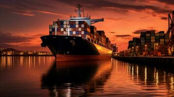 industrieel lading schip met groot containers in haven Bij zonsondergang ai gegenereerd foto