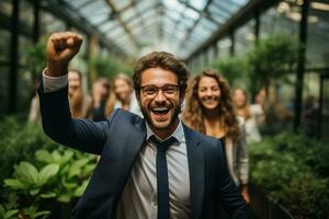 ai generatief groep van gelukkig bedrijf Mens en bedrijf Dames, gekleed in pakken zijn lachend, in de kantoor foto