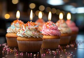 ai generatief verjaardag cupcakes met vervagen achtergrond kleurrijk ballonnen realistisch afbeelding, ultra hd, hoog ontwerp heel foto