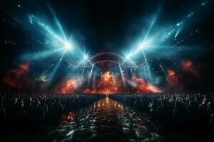 ai generatief druk concert stadium landschap met schijnwerpers en gekleurde lichten realistisch afbeelding, ultra hd foto