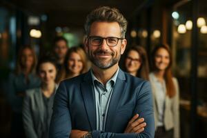 ai generatief groep van gelukkig bedrijf Mens en bedrijf Dames, gekleed in pakken zijn lachend, in de kantoor foto