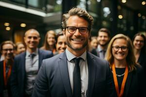 ai generatief groep van gelukkig bedrijf Mens en bedrijf Dames, gekleed in pakken zijn lachend, in de kantoor foto