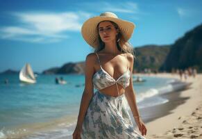 ai generatief jong toerist vrouw in zomer jurk en hoed staand Aan mooi zanderig strand. schattig meisje genieten van foto