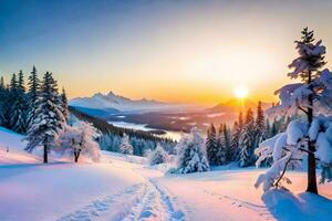 mooi visie van besneeuwd bomen in winter ai generatief foto