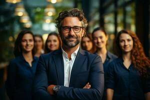 ai generatief groep van gelukkig bedrijf Mens en bedrijf Dames, gekleed in pakken zijn lachend, in de kantoor foto