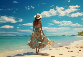 ai generatief jong toerist vrouw in zomer jurk en hoed staand Aan mooi zanderig strand. schattig meisje genieten van foto