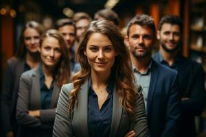 ai generatief groep van gelukkig bedrijf Mens en bedrijf Dames, gekleed in pakken zijn lachend, in de kantoor foto