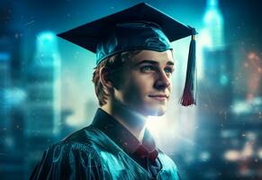 ai generatief dubbele blootstelling foto van jong Mens met diploma uitreiking pet technologie achtergrond realistisch beeld