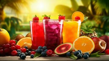 foto een voorkant visie vers fruit cocktails met vers fruit plakjes ijs koeling Aan blauw, drinken sap co