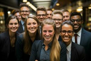 ai generatief groep van gelukkig bedrijf Mens en bedrijf Dames, gekleed in pakken zijn lachend, in de kantoor foto