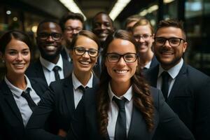 ai generatief groep van gelukkig bedrijf Mens en bedrijf Dames, gekleed in pakken zijn lachend, in de kantoor foto