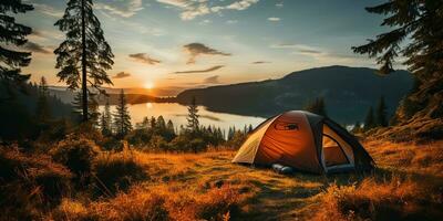 ai gegenereerd. ai generatief. camping ontspanning tijd tent Bij meer mooi landschap achtergrond. avontuur vakantie raften tijd. grafisch kunst foto