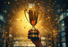 ai generatief hand- Holding goud trofee kop met confetti. vieren met trofee prijs voor succes realistisch foto