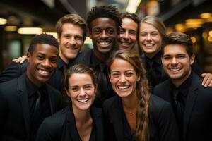 ai generatief groep van gelukkig bedrijf Mens en bedrijf Dames, gekleed in pakken zijn lachend, in de kantoor foto