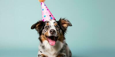 ai gegenereerd. ai generatief. schattig grappig hond huisdier in verjaardag partij hoed viering. grafisch kunst foto