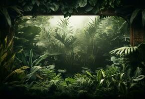 ai generatief mooi oerwoud achtergrond met grens gemaakt van tropisch bladeren backdrop met kopiëren ruimte foto