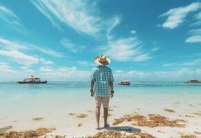 ai generatief terug visie jong toerist Mens in zomer jurk en hoed staand Aan mooi zanderig strand. genieten van. foto