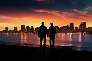 stad door de zee, aftekenen homo paar houdt handen, uitstralend geluk ai gegenereerd foto
