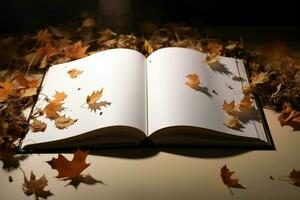 een boek geopend naar een bladzijde met bladeren Aan het ai gegenereerd foto