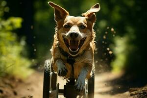 zomers elegantie, gehandicapt hond in rolstoel vondsten vreugde verkennen park, omarmen mobiliteit ai gegenereerd foto