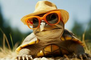 schildpad in rietje hoed en tinten straalt uit de essence van zomer ai gegenereerd foto