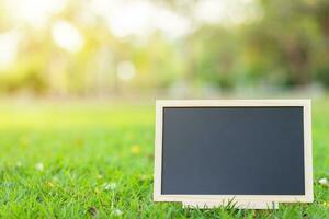 leeg houten schoolbord in plein vorm Aan groen gras in de park achtergrond. foto